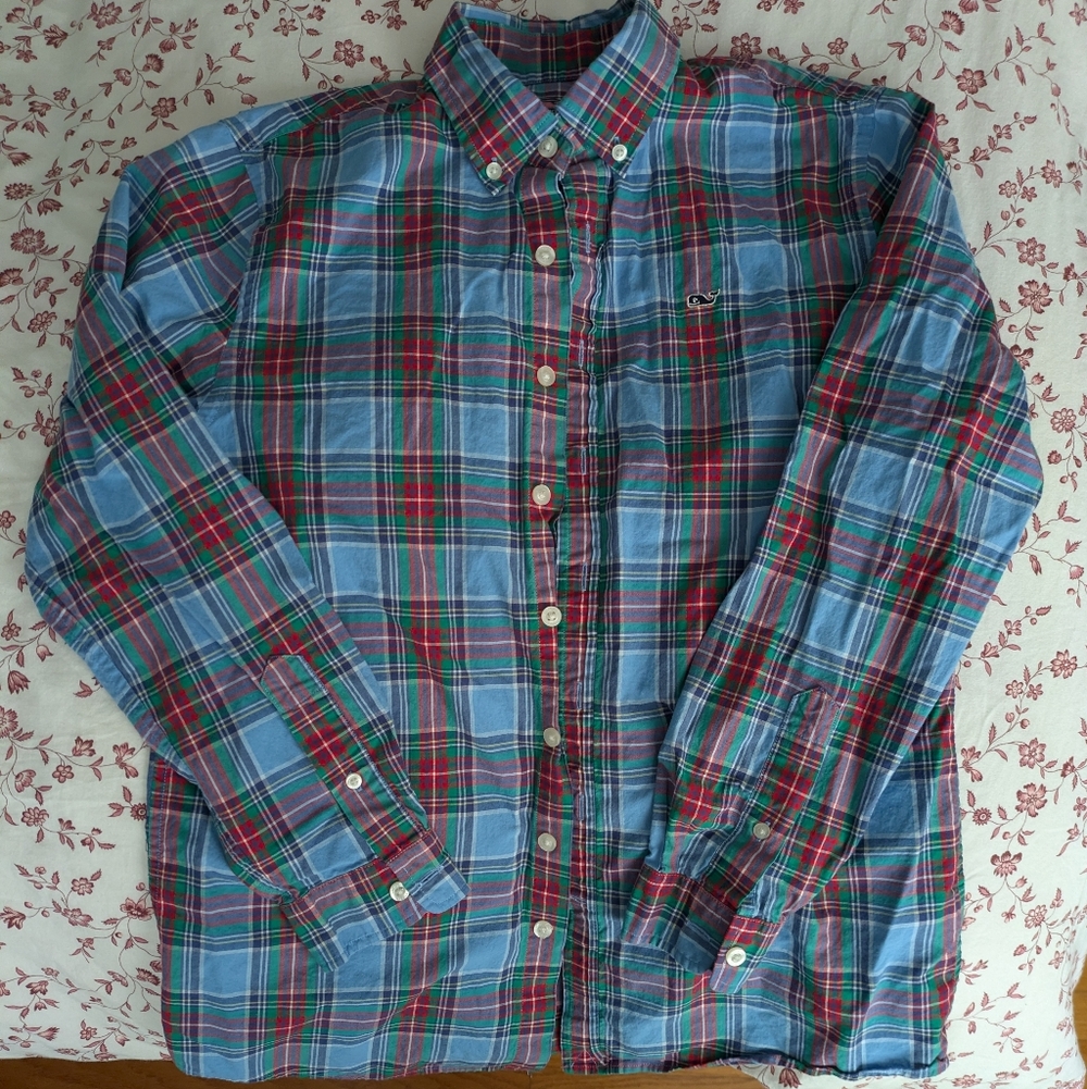 Vineyard Vines Whale Shirt Boy's Plaid Button Down Shirt - Red, Green, Blue